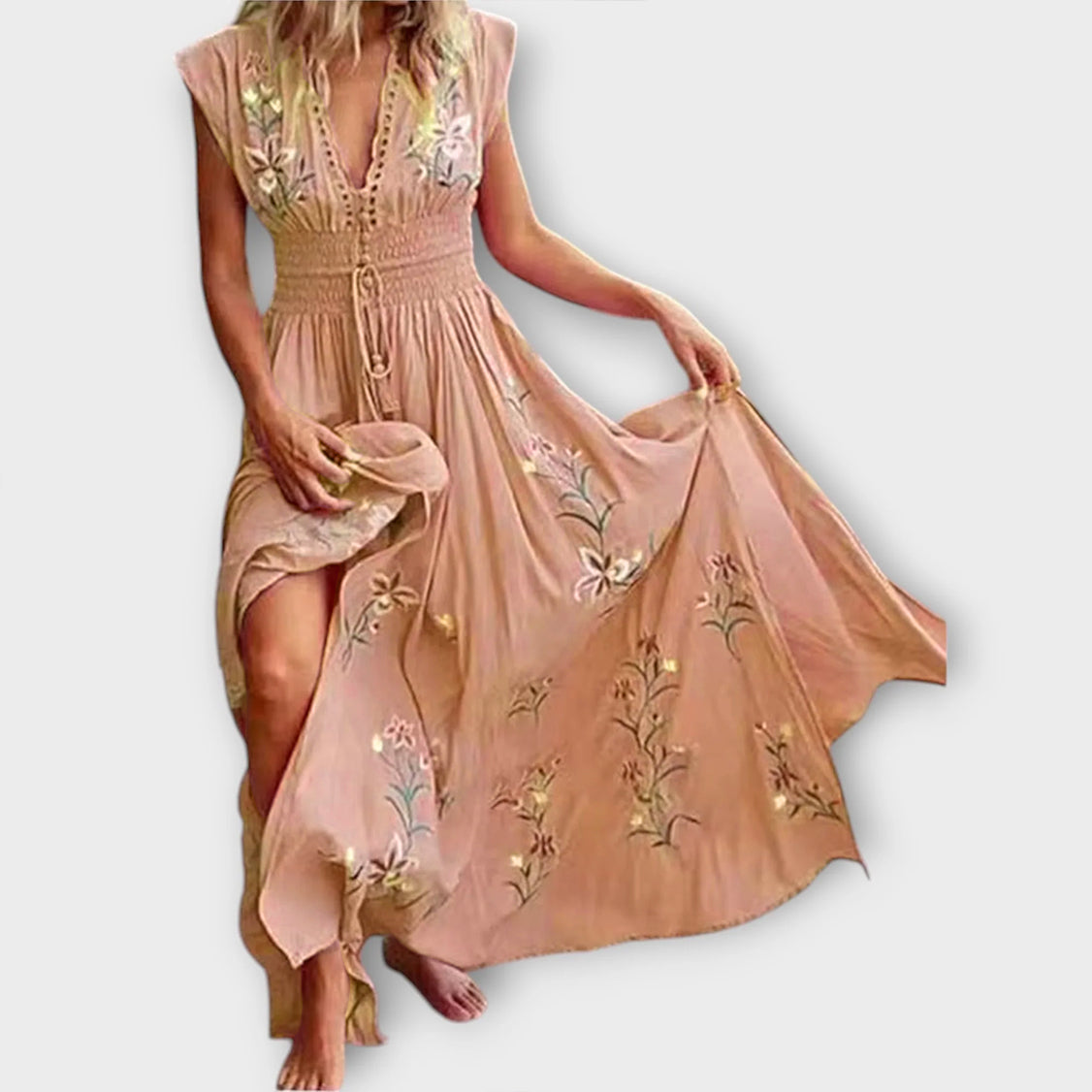 Boho-Kleid in Hellrosa mit Stickereien, V-Ausschnitt und ärmellosem Schnitt