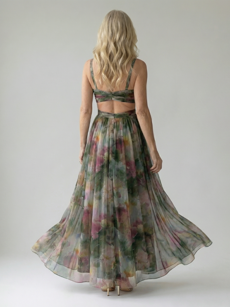 Isel Maxi-Wickelkleid Rückansicht mit V-Ausschnitt, mehrfarbiges Muster, langer Saum