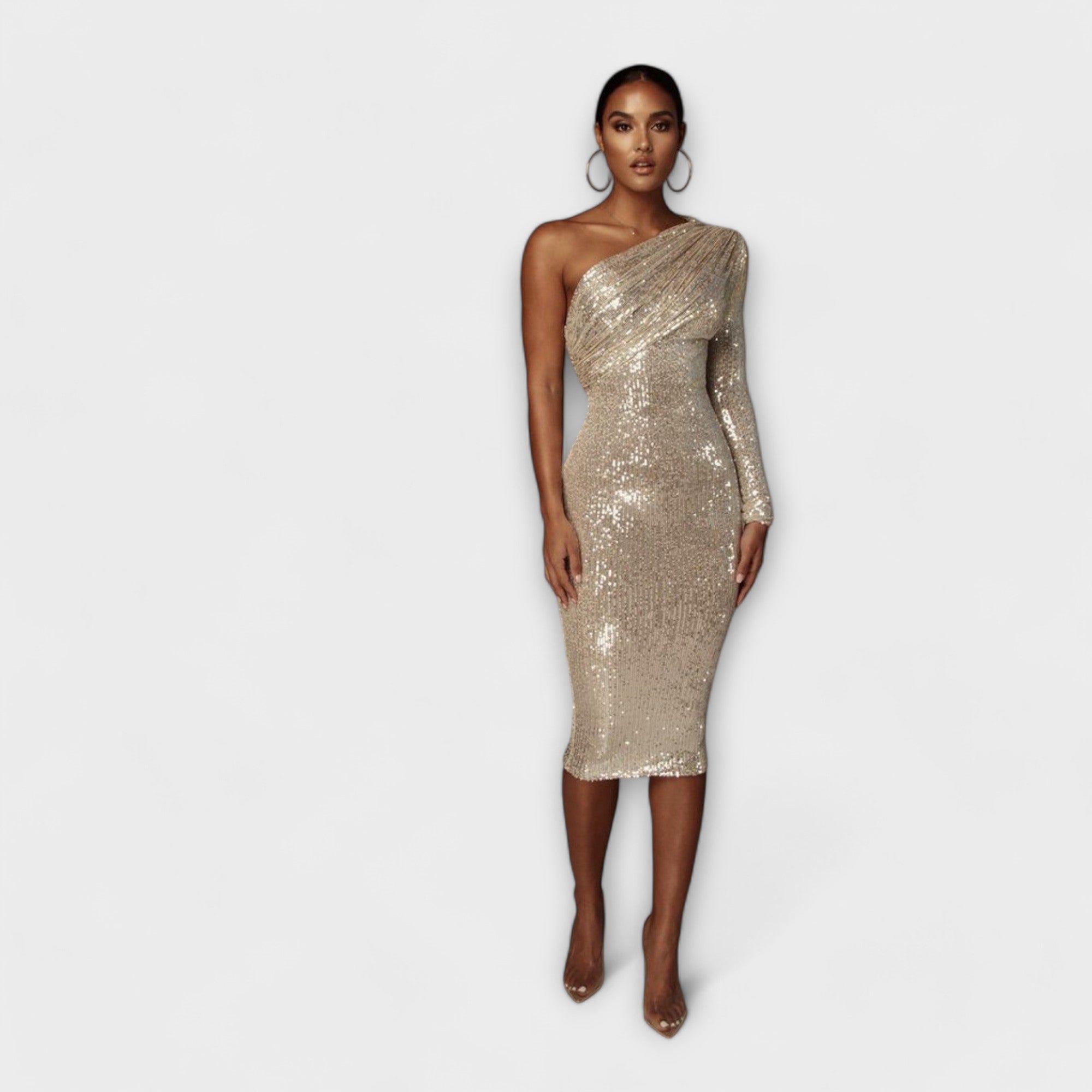 Goldfarbenes Abendkleid mit Wickelbrust, einarmig lang, knielang, Pailletten