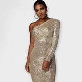 Goldfarbenes Paillettenkleid mit Wickelbrust, asymmetrische Schulter, langärmelig