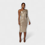 Goldfarbenes Abendkleid mit Wickelbrust, schimmerndem Paillettenstoff, 3/4 Ärmel