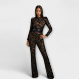 Spitzen-Jumpsuit mit Korsett, langarm, ausgestelltes Bein, schwarzer Spitzenstoff