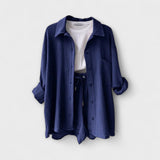 2-teiliges Set mit Hemdbluse und Shorts in dunklem Blau, Knopfleiste, Kordelzug