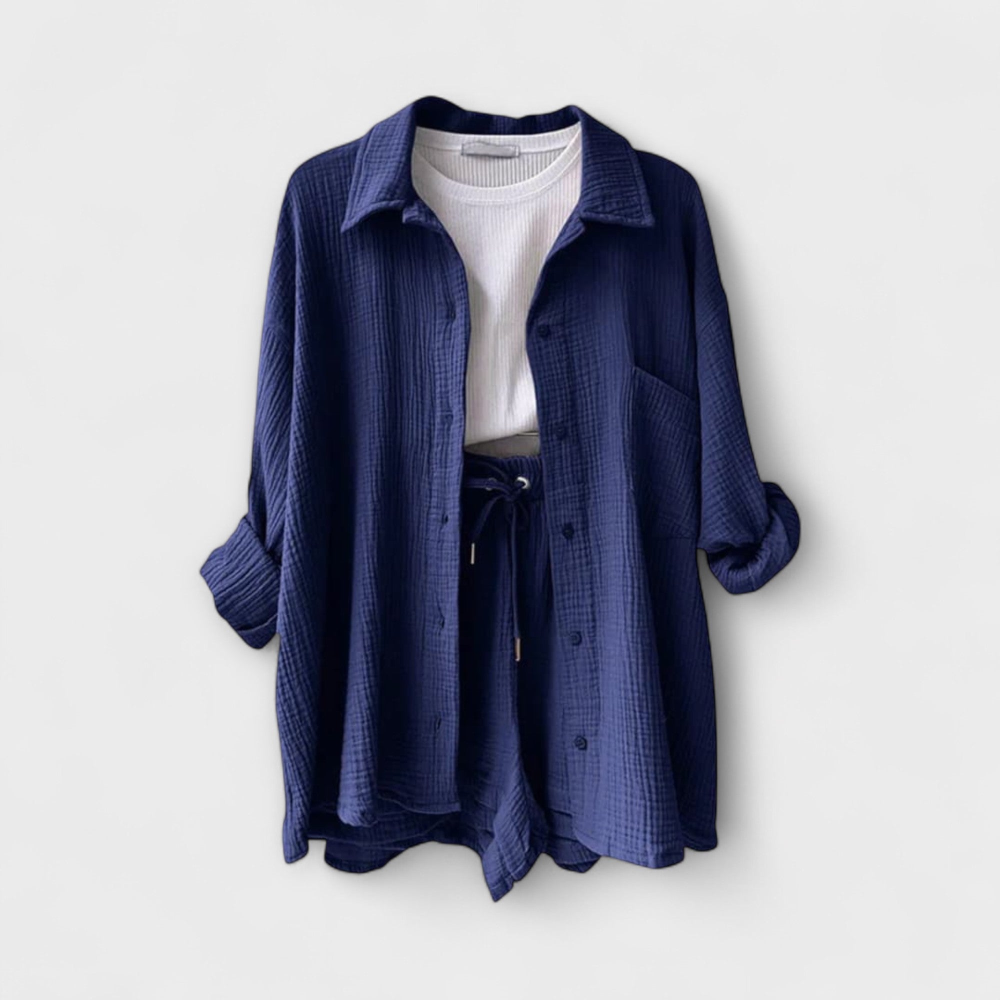 2-teiliges Set mit Hemdbluse und Shorts in dunklem Blau, Knopfleiste, Kordelzug