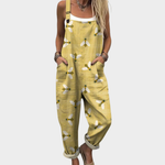 Gelber bedruckter Jumpsuit mit Trägern und Bienenmuster, Taschen vorne