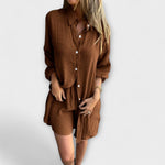 Braunes Blusen-Shorts-Set mit Knopfleiste, lockerer Bluse und kurzen Shorts