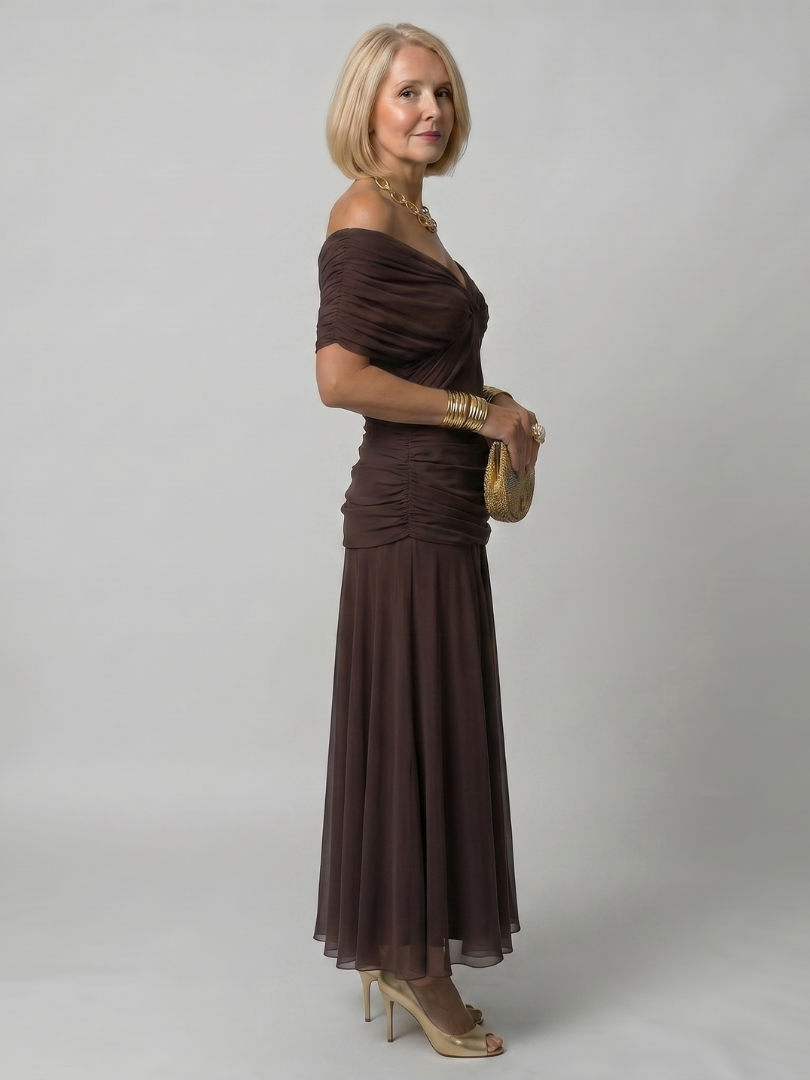 Off-Shoulder Midi-Kleid mit kurzem, gerafftem Ärmel, dunkelbraun meliert, Midi-Rock