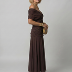 Off-Shoulder Midi-Kleid mit kurzem, gerafftem Ärmel, dunkelbraun meliert, Midi-Rock