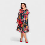 Gemustertes A-Linien-Kleid (langarm), Rundhalsausschnitt, bunte Blumen auf dunklem Grund