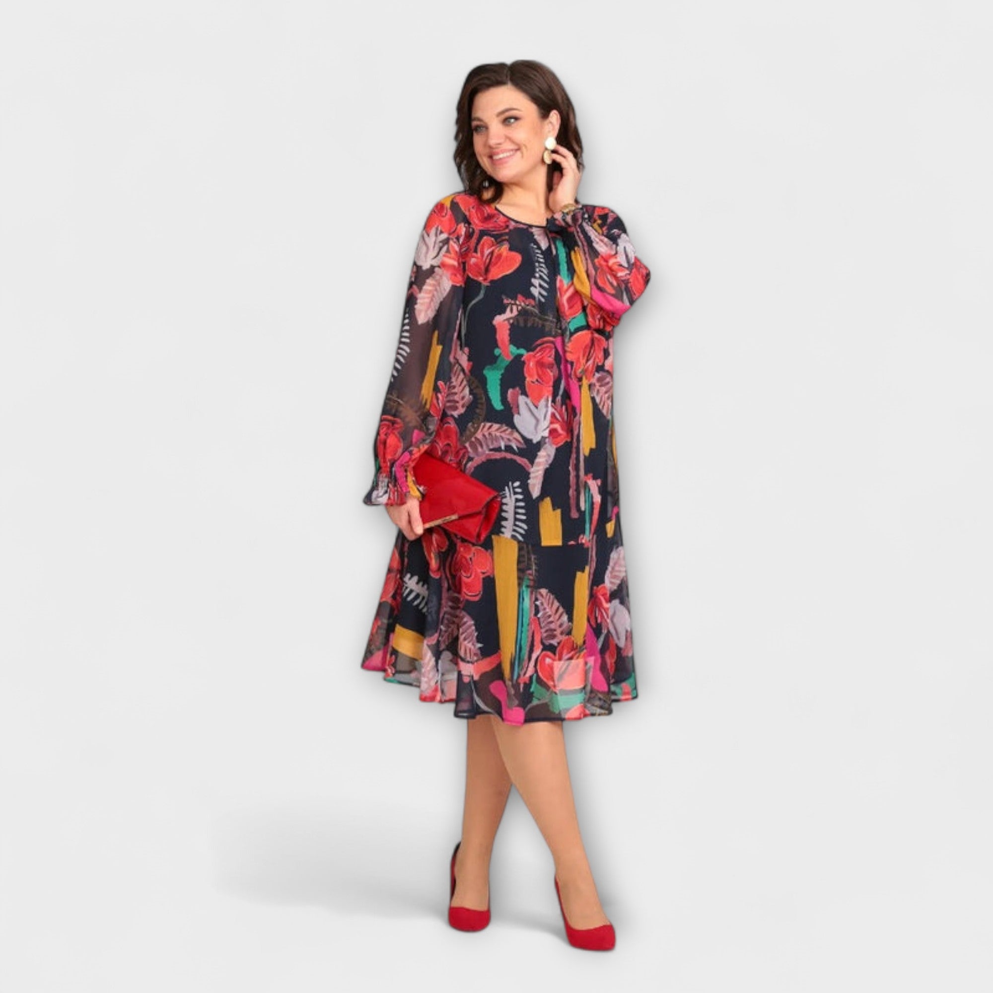 Gemustertes A-Linien-Kleid (langarm), Rundhalsausschnitt, bunte Blumen auf dunklem Grund