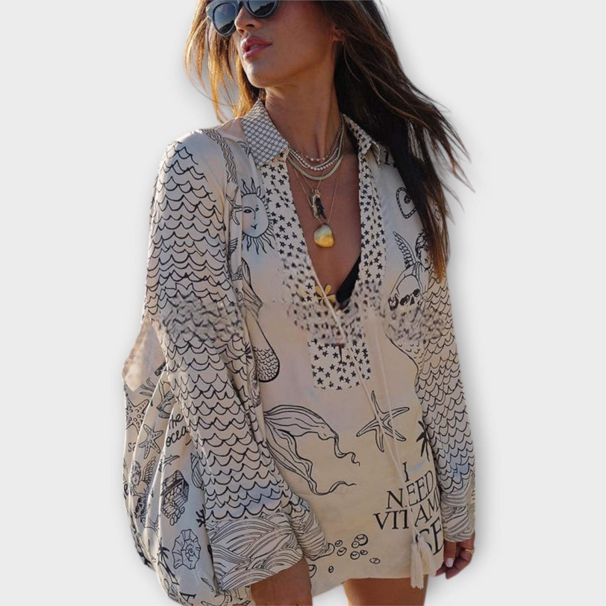 Satin-Shirt-und-Shorts-Set mit blauem Meerestiermuster