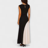 Ärmelloses Taillenkleid mit beigem Farbblock, schwarzer Rücken mit Schlitz, langer Rock