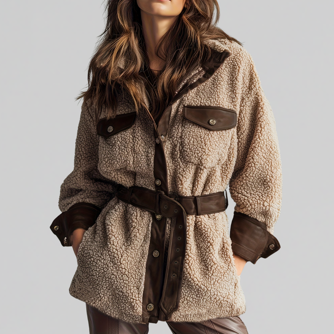 Beigebraune Teddyjacke mit Bindegürtel, Knopfleiste und zwei Brusttaschen