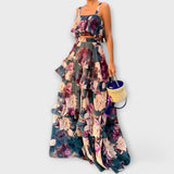 Sommerliches Strandkleid, ärmellos, Maxilänge, Blumenmuster in Blau und Rosenrot