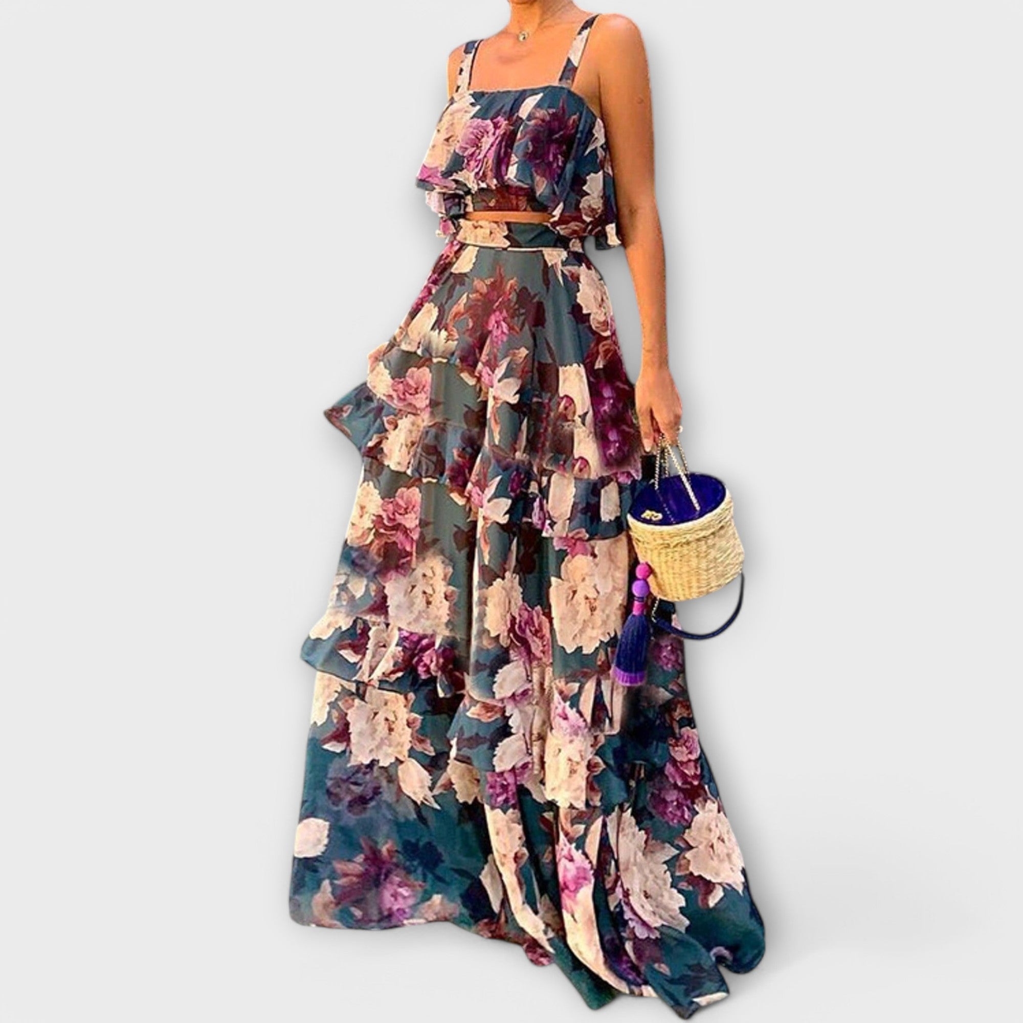 Sommerliches Strandkleid, ärmellos, Maxilänge, Blumenmuster in Blau und Rosenrot