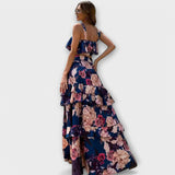 Sommerliches Strandkleid, rückenfreier Schnitt, ärmellos, Maxilänge mit Blumenmuster