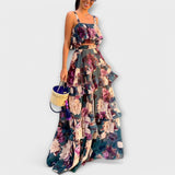 Sommerliches Strandkleid, ärmellos, Maxilänge, Volants mit Blumenprint in Blau/Rosenrot