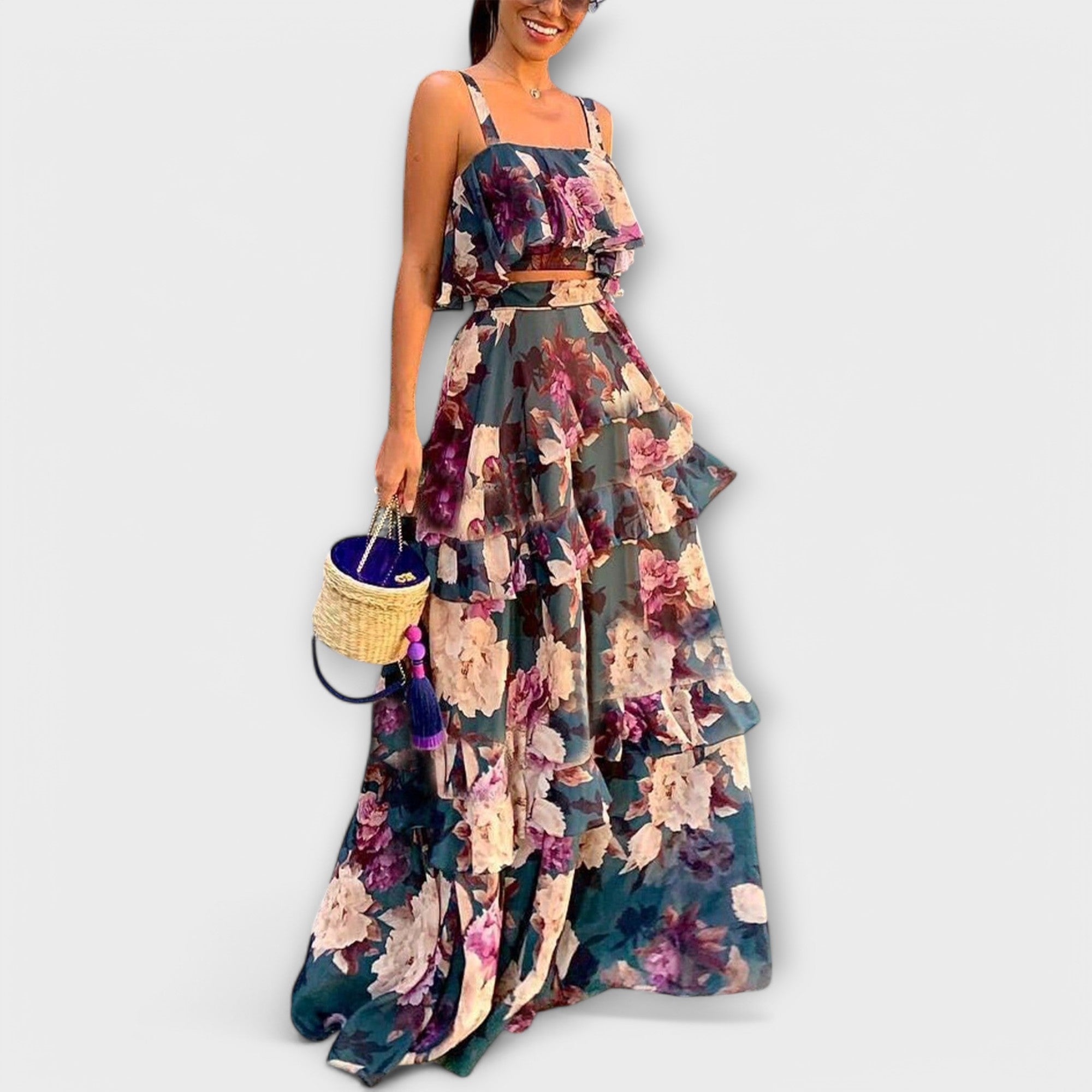 Sommerliches Strandkleid, ärmellos, Maxilänge, Volants mit Blumenprint in Blau/Rosenrot