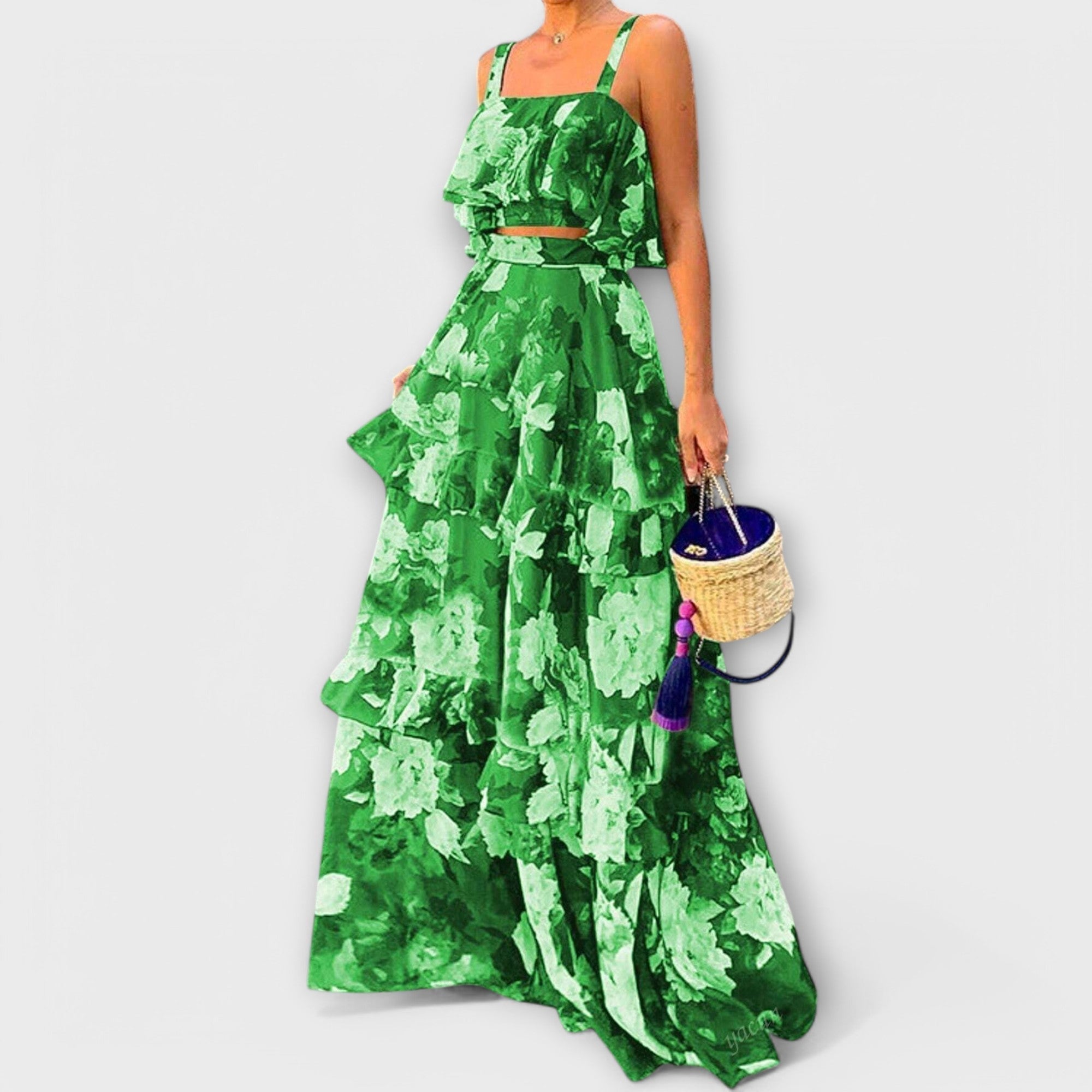 Sommerliches Strandkleid, ärmellos, Maxilänge, grünes Blumenmuster mit Volants