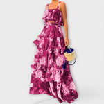 Sommerliches Strandkleid, ärmellos, Maxilänge, pinkes Blumenmuster mit Volants