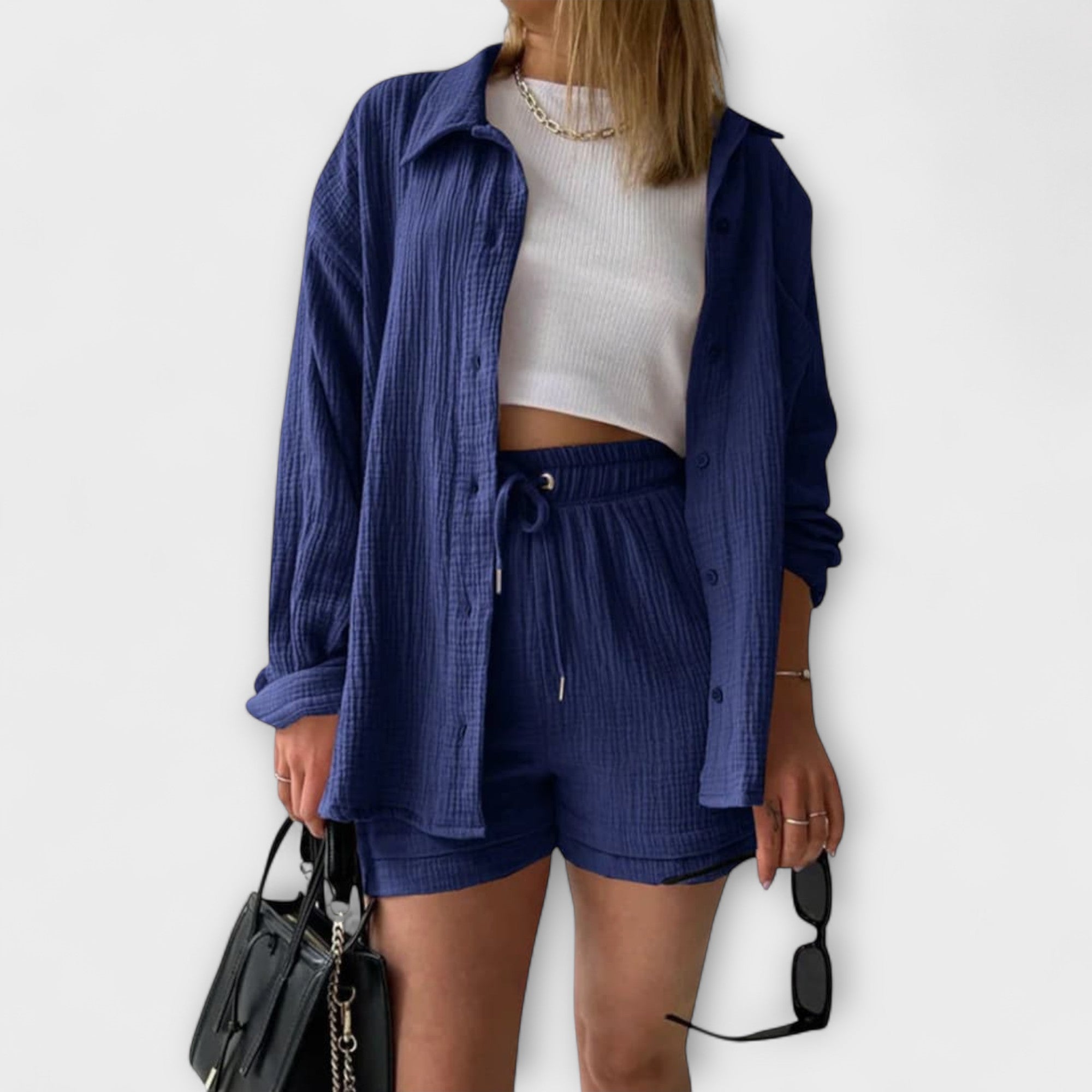 2-teiliges Set mit Hemdbluse und Shorts in dunklem Blau, Knopfleiste und Kordelzug