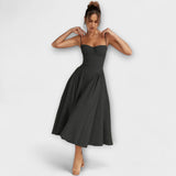 Schwarzes ärmelloses Korsettkleid mit Trägern und plissiertem A-Linien-Rock