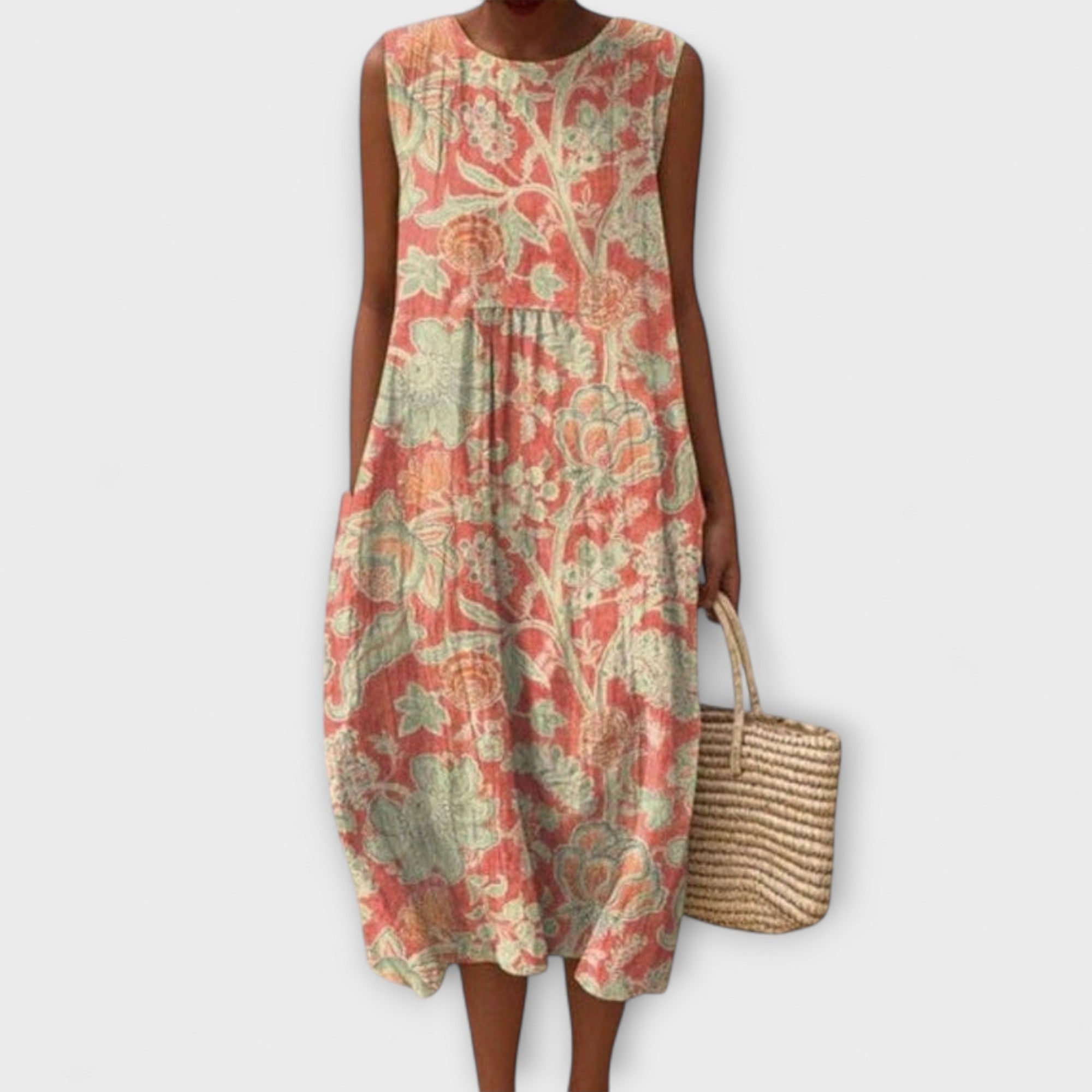 Korallenfarbenes Midi-Kleid mit floralem Vintage-Muster, ärmellos, lockerer Schnitt