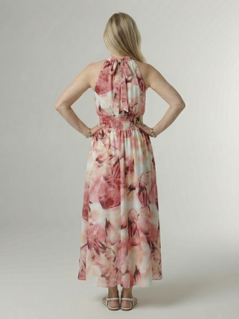 Rückansicht Midi-Kleid: Neckholder mit Bindebändchen, rosa-weißes Batikmuster