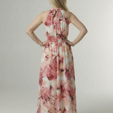 Rückansicht Midi-Kleid: Neckholder mit Bindebändchen, rosa-weißes Batikmuster