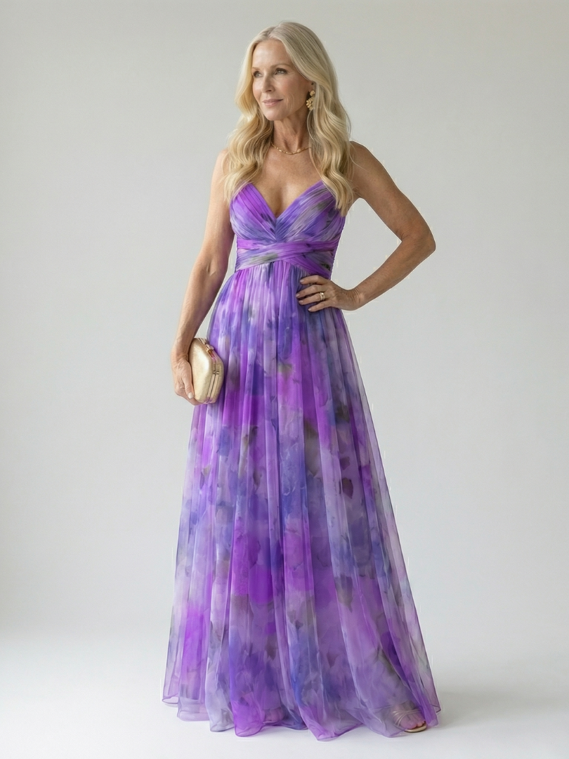 Isel Maxi-Wickelkleid mit V-Ausschnitt, violettes Muster, gekreuztes Wickelband, Rock