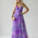 Isel Maxi-Wickelkleid mit V-Ausschnitt, violettes Muster, gekreuztes Wickelband, Rock