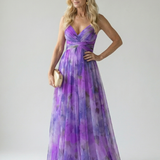 Isel Maxi-Wickelkleid mit V-Ausschnitt, violettes Muster, gekreuztes Wickelband, Rock