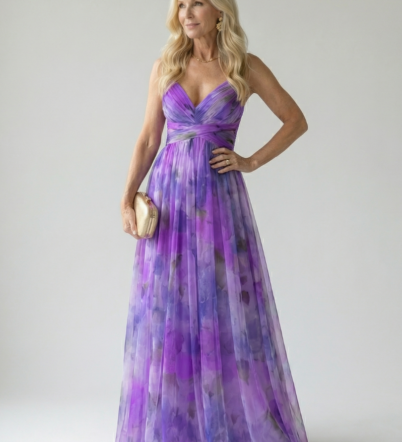 Isel Maxi-Wickelkleid mit V-Ausschnitt, violettes Muster, gekreuztes Wickelband, Rock