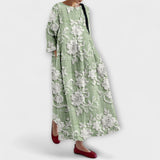 Maxikleid mit floraler Stickerei, grünes Muster, Rundhalsausschnitt, weite Ärmel
