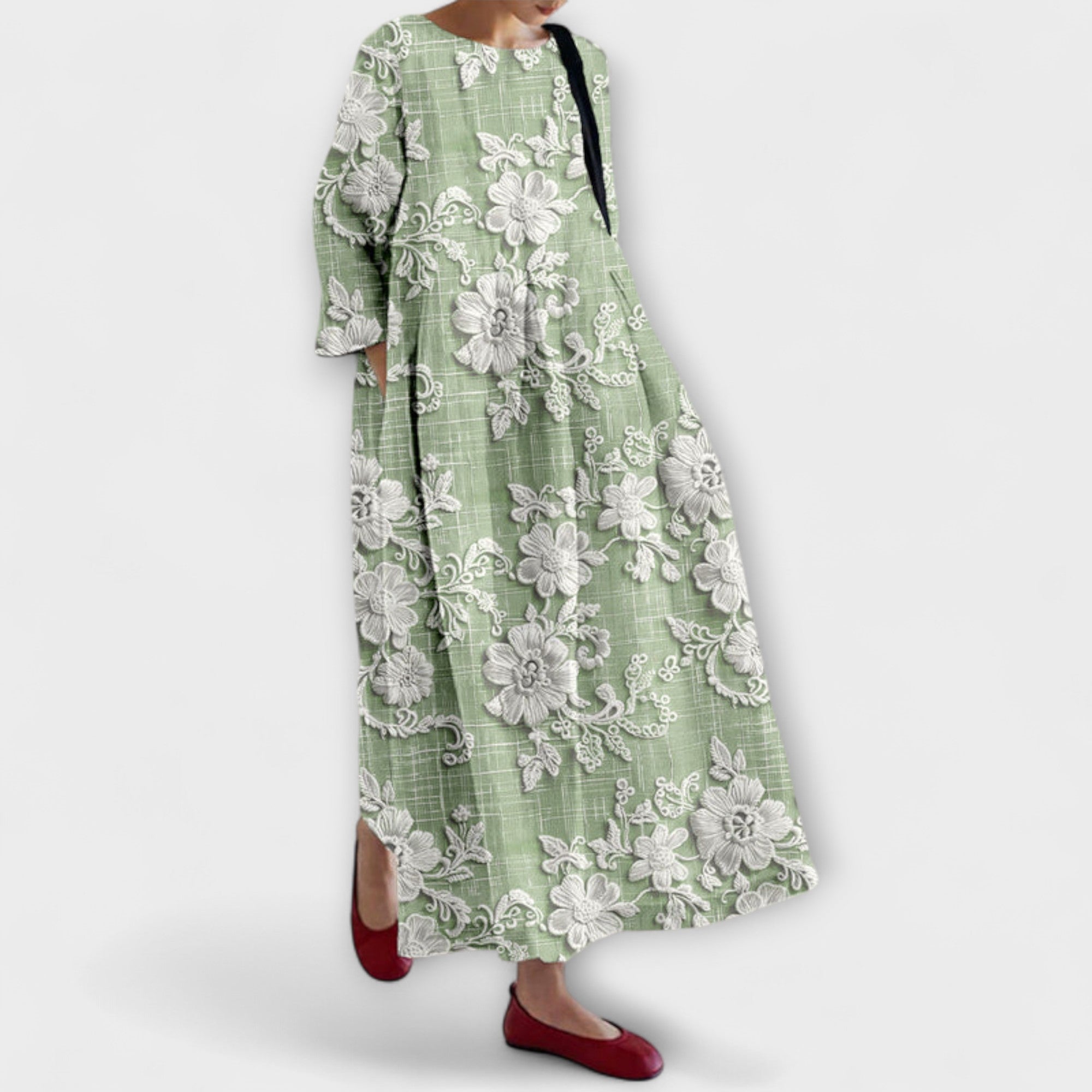 Maxikleid mit floraler Stickerei, grünes Muster, Rundhalsausschnitt, weite Ärmel