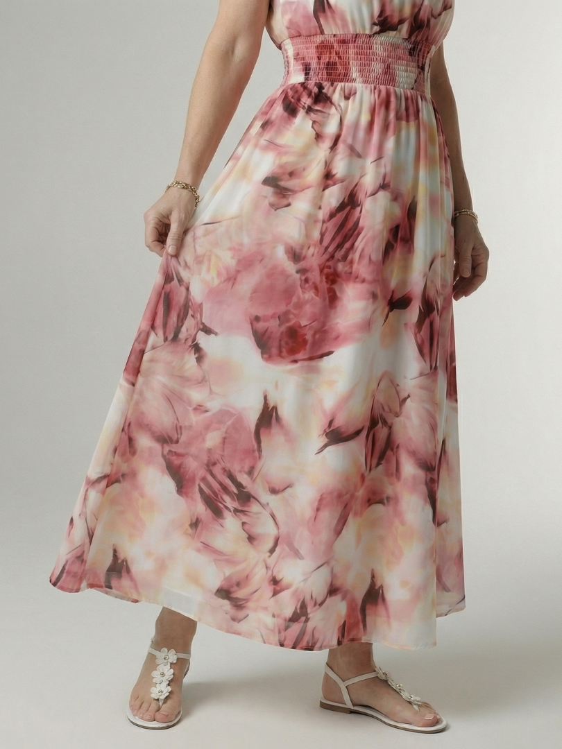 Midi-Kleid mit Neckholder, rosa-weißes Batikmuster, geraffte Taille, weiter Rock