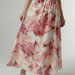 Midi-Kleid mit Neckholder, rosa-weißes Batikmuster, geraffte Taille, weiter Rock