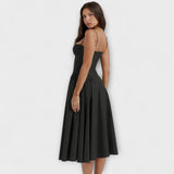 Schwarzes ärmelloses Korsettkleid, seitlich, mit Trägern und A-Linien-Rock