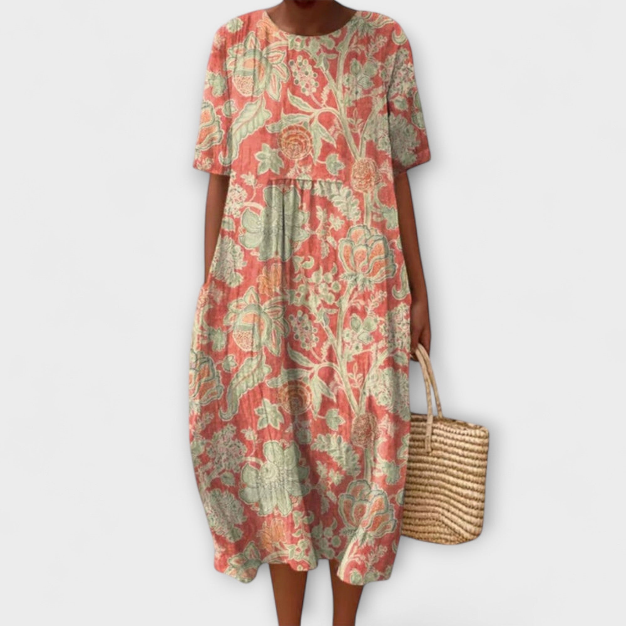 Midi-Kleid mit floralem Vintage-Muster in Koralle und Grün, kurze Ärmel, locker fallend