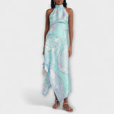 Set aus Neckholder-Top und asymmetrischem Midi-Rock, Pastellblau gemustert