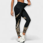 Trainingshose mit hoher Taille, schwarze Leggings mit Leopardenmuster an Oberschenkel und Knie