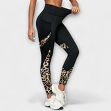 Trainingshose mit hoher Taille, schwarze Leggings mit Leopardenmuster an Oberschenkel und Knie
