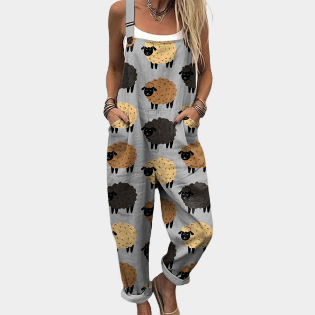 Bequemer Jumpsuit mit Schafdruck, ärmellos, verstellbaren Trägern, weitem Bein