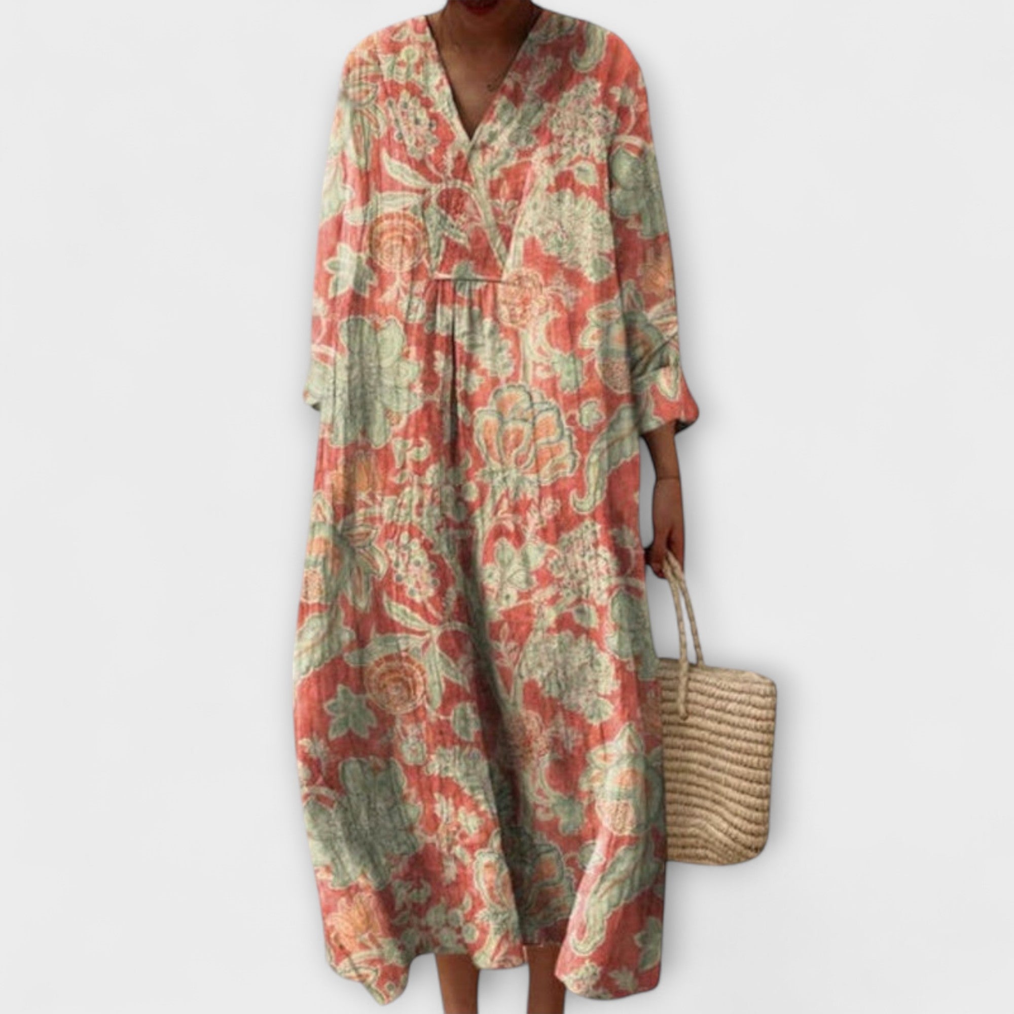 V-Ausschnitt Midi-Kleid mit floralem Vintage-Muster, weite Ärmel, korallgrüne Farbtöne