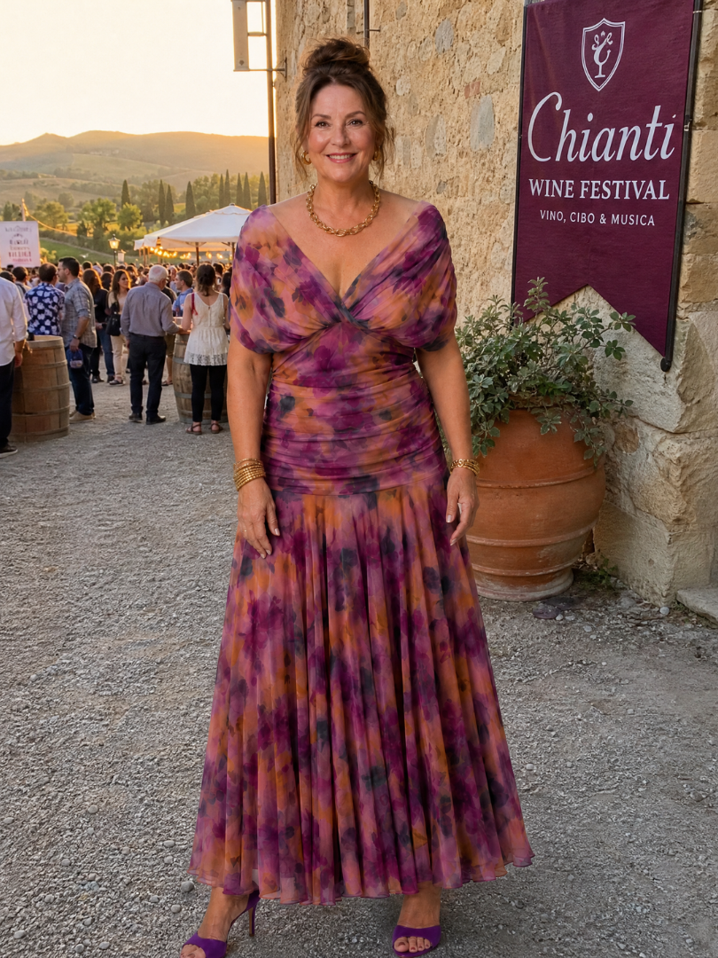 Off-Shoulder-Midikleid mit V-Ausschnitt, Batik in Lila und Violett, knielang fallend