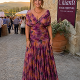 Off-Shoulder-Midikleid mit V-Ausschnitt, Batik in Lila und Violett, knielang fallend