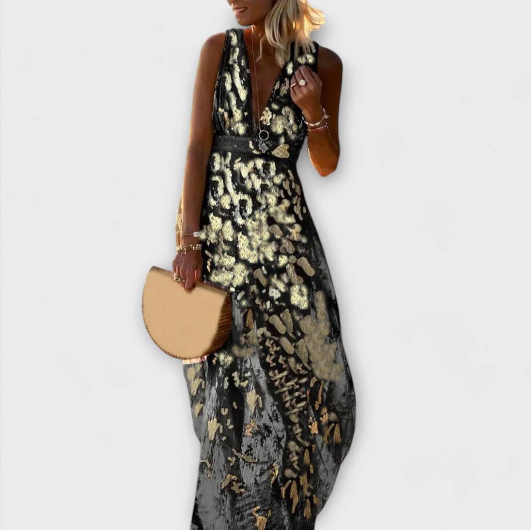 Fliessendes Maxikleid mit V-Ausschnitt, schwarz/gold Pailletten, ärmellos, lockerer Schnitt