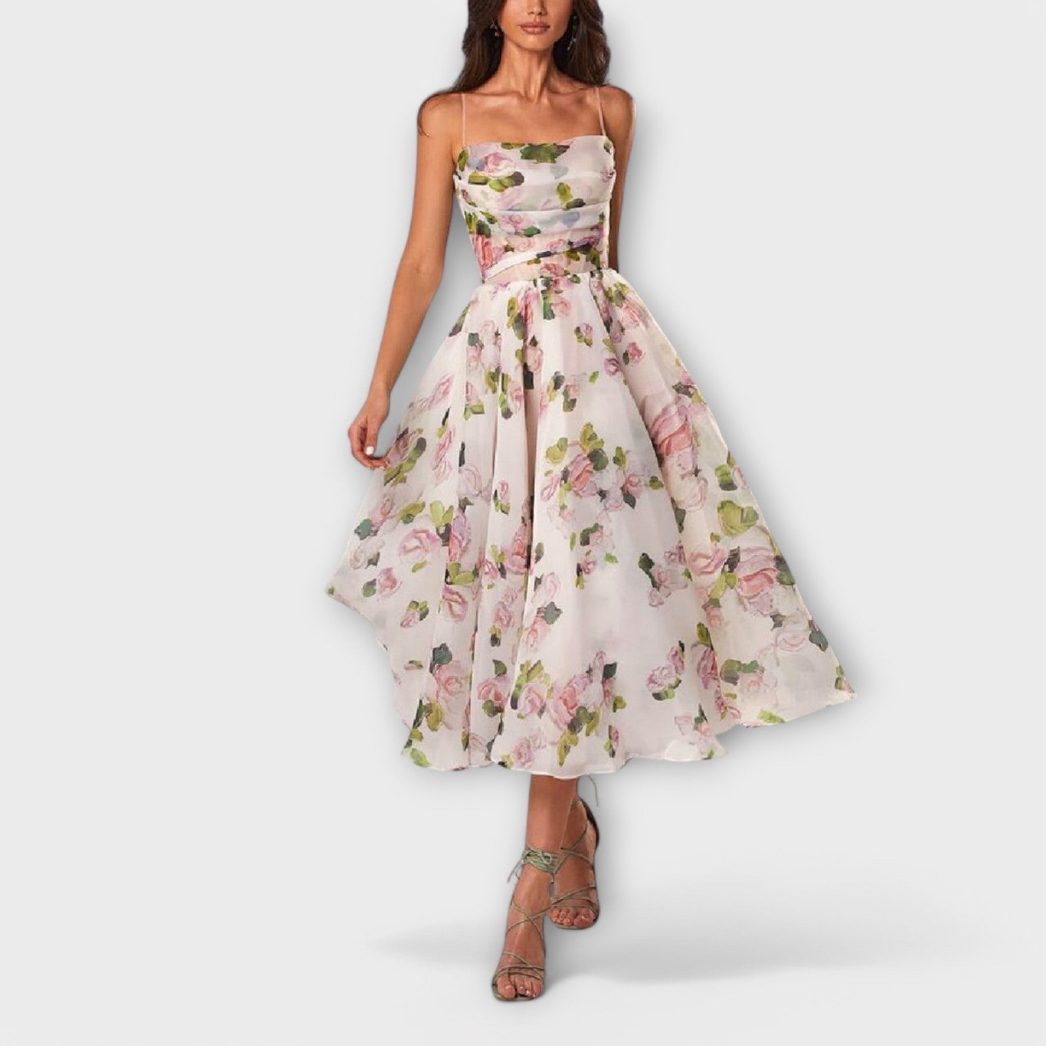 Blumiges Chiffon-Midikleid in Pastell mit Schulterträgern und weitem A-Linien-Schnitt