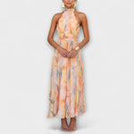 Neckholder-Maxi-Kleid mit Aquarell-Print, schmalen Trägern und Taillenband