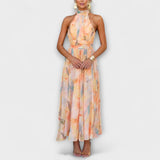 Neckholder-Maxi-Kleid mit Aquarell-Print, schmalen Trägern und Taillenband